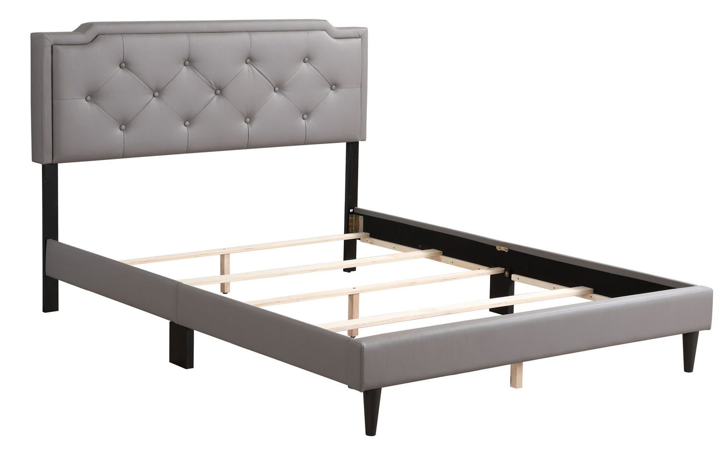 HouseOfZazla Button Tufted Upholstered Bed Frame with grey headboard and black legs on Tampa Home & Garden Store