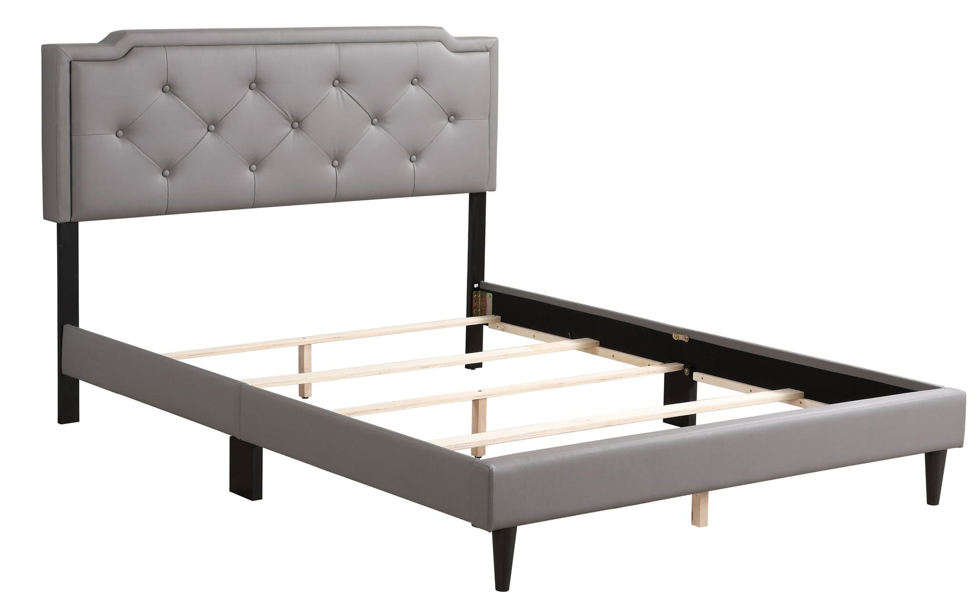 HouseOfZazla Button Tufted Upholstered Bed Frame with grey headboard and black legs on Tampa Home & Garden Store