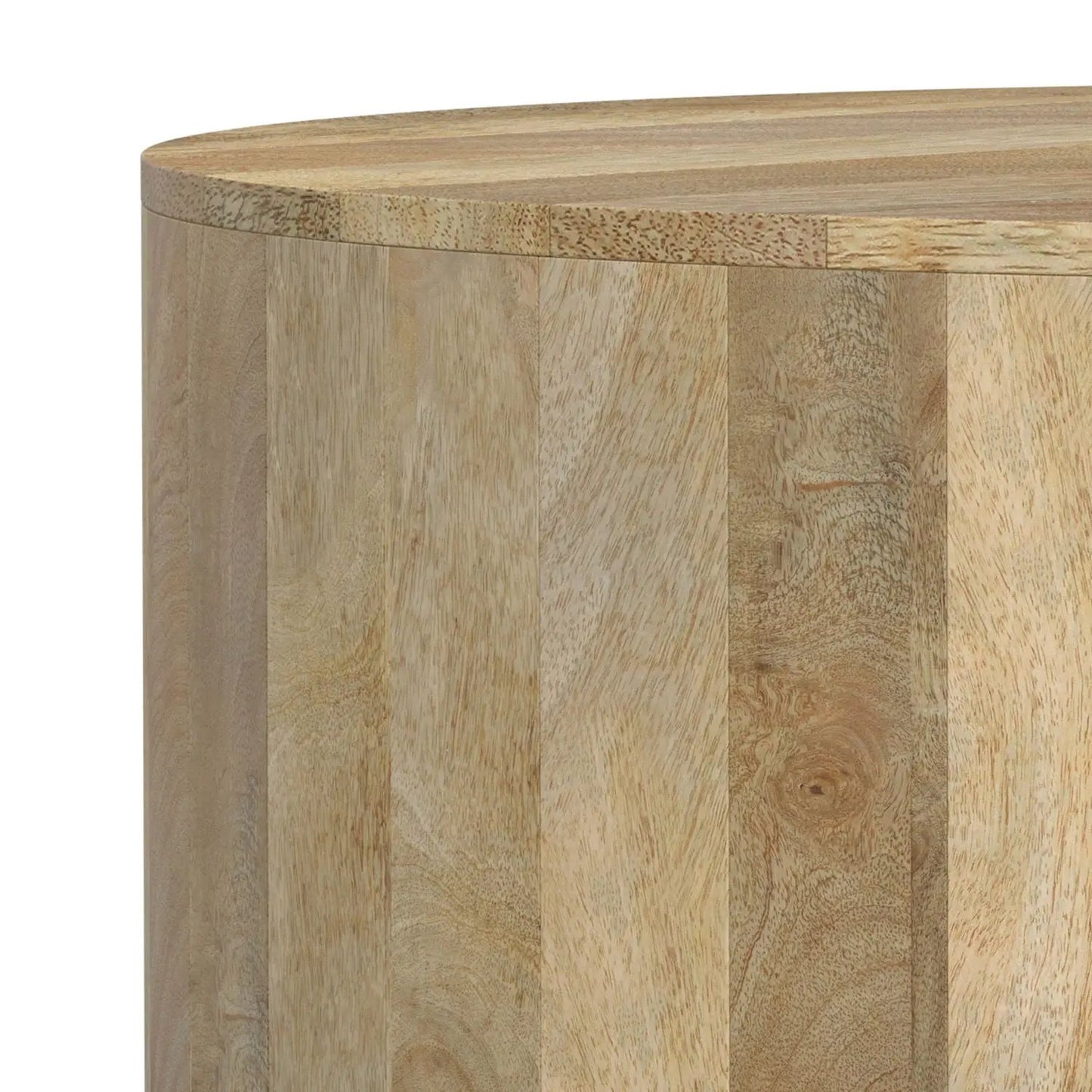 Millbury Drum Coffee Table in natural wood with vertical plank panels and rounded edge on Tampa Home & Garden Store