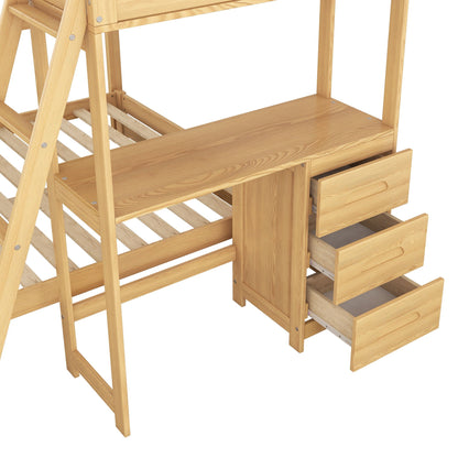 Bunk bed with built-in desk and 3 drawers in natural wood finish HouseOfZazla on Tampa Home & Garden Store