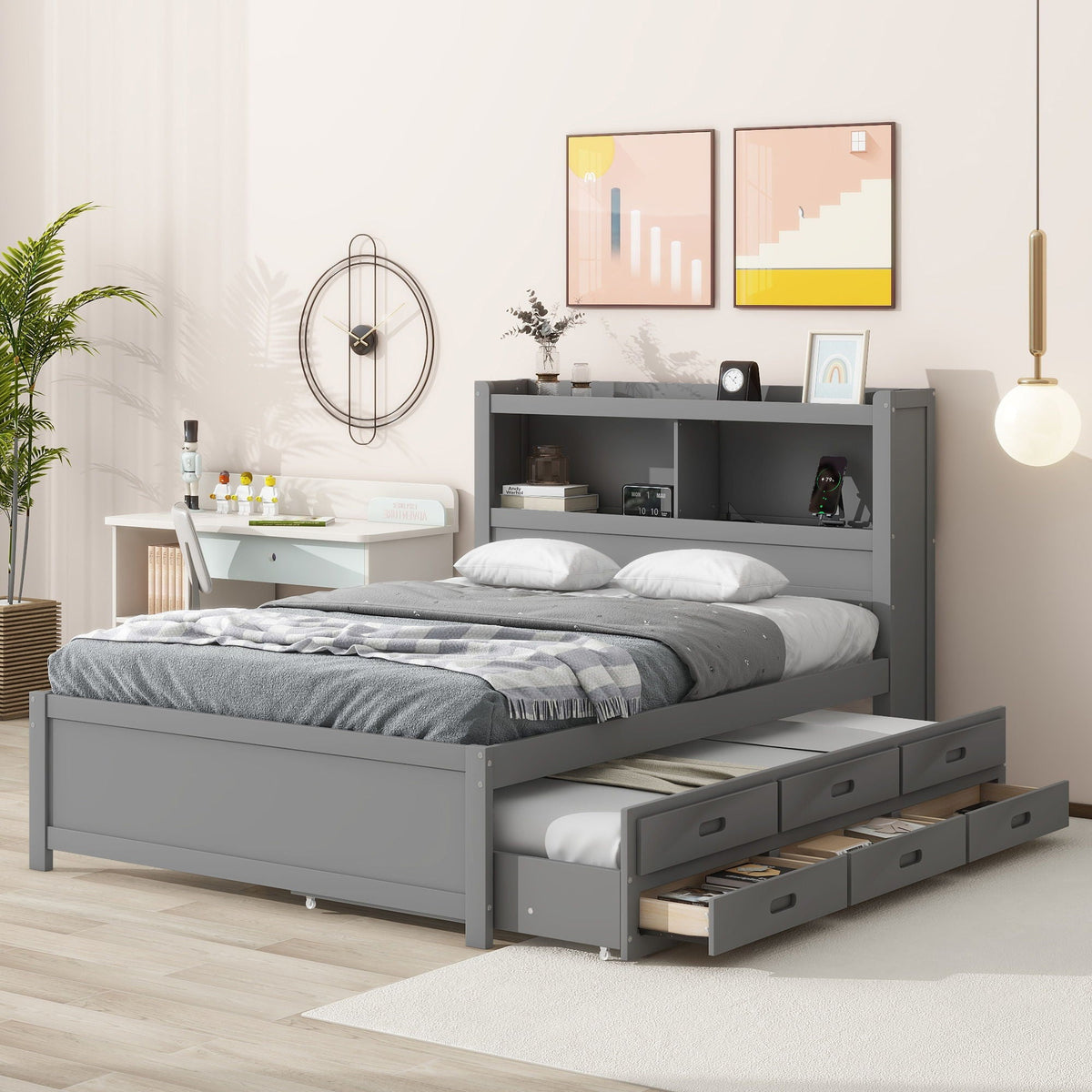 Full-size gray platform bed with trundle and drawers built-in shelves HouseOfZazla on Tampa Home & Garden Store
