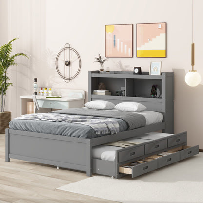 Full-size gray platform bed with trundle and drawers built-in shelves HouseOfZazla on Tampa Home & Garden Store