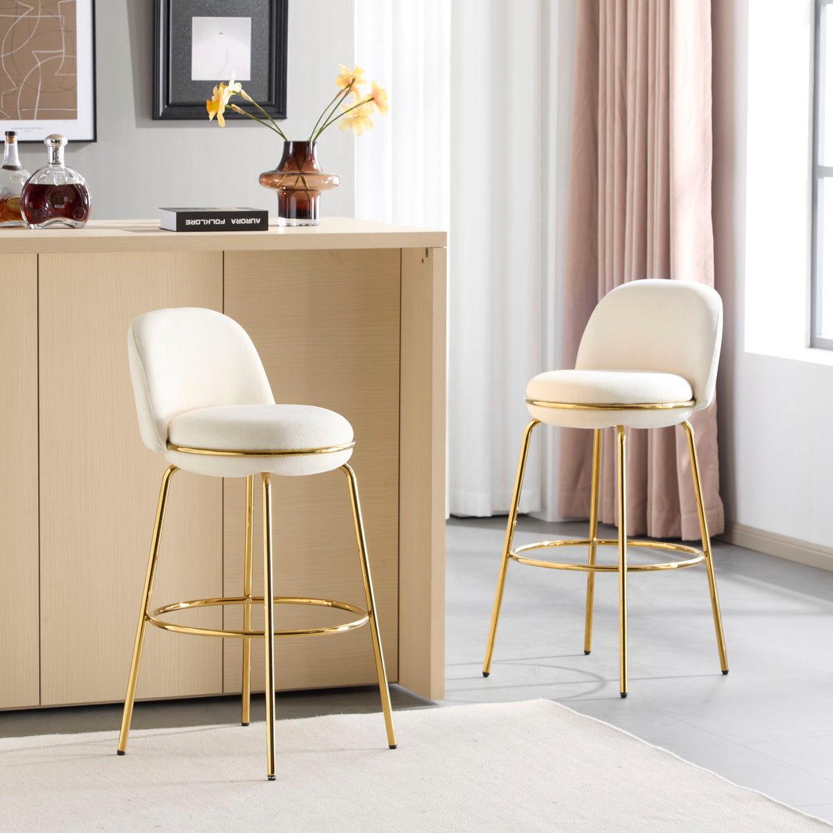 Rio Claro Indoor Upholstered Barstools set of 2, cream upholstery with gold-tone legs on Tampa Home & Garden Store