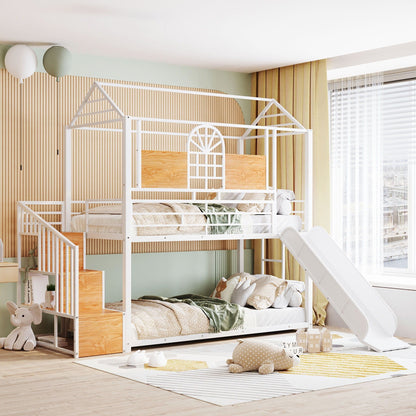 Metal House Bunk Bed With Slide and Storage