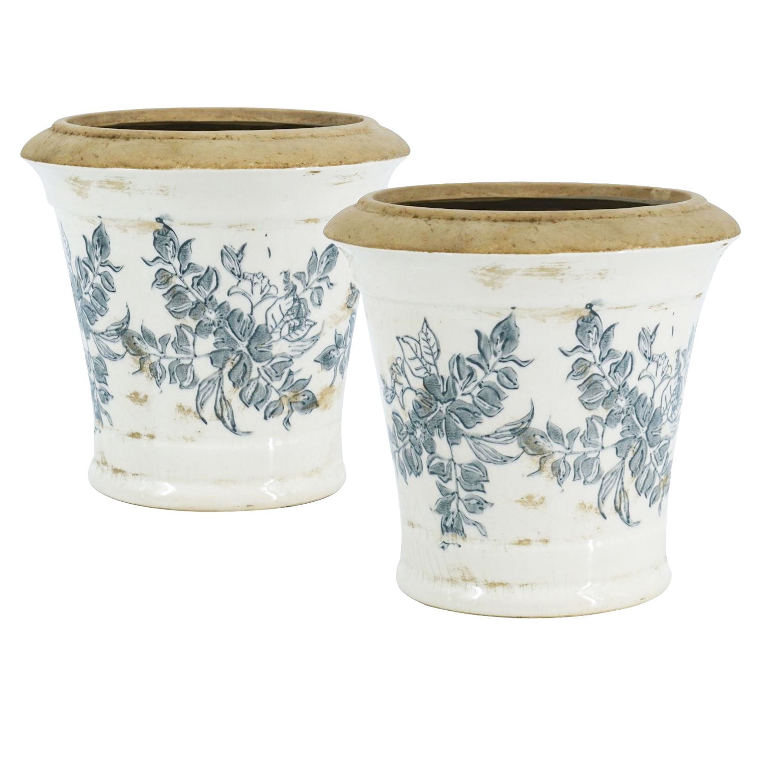HouseOfZazla ceramic planters set of 2, white distressed finish with blue floral pattern on Tampa Home & Garden Store