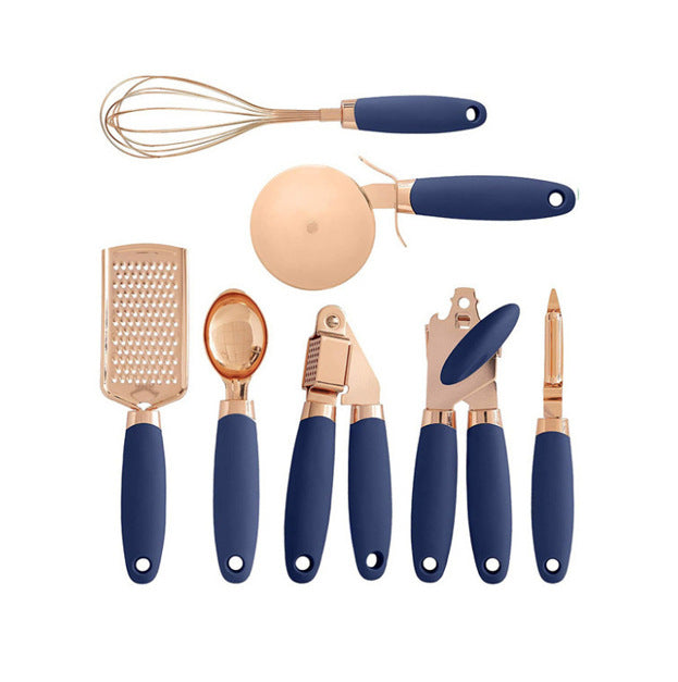 Copper-plated 9-piece kitchen gadget set with blue handles by Perfecsy on Tampa Home & Garden Store