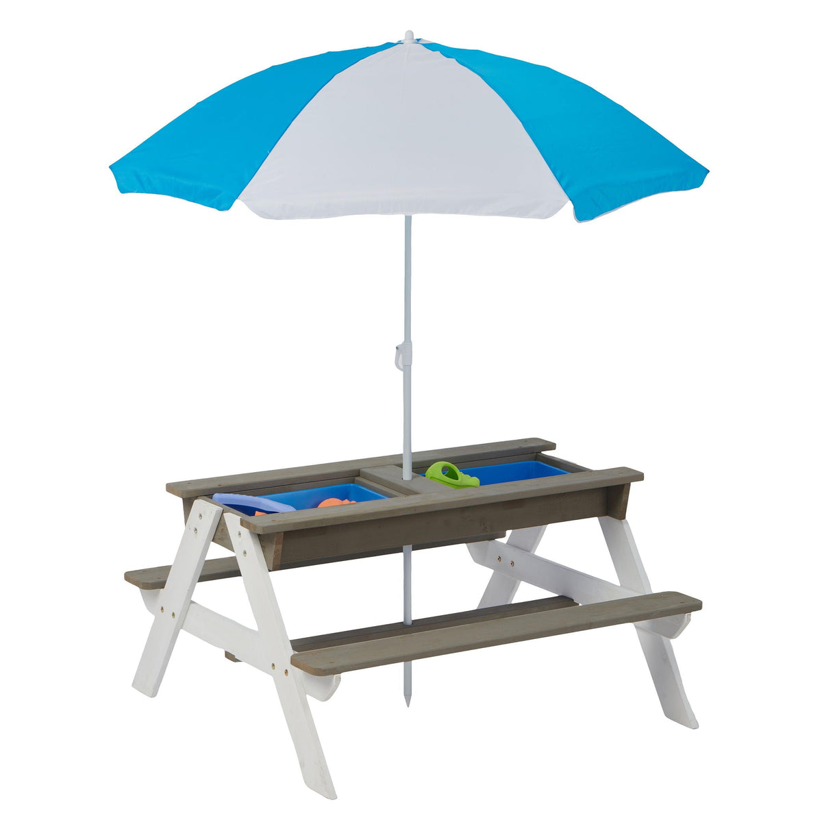 Kids cedar outdoor picnic table with sand and water play tray and blue umbrella on Tampa Home & Garden Store