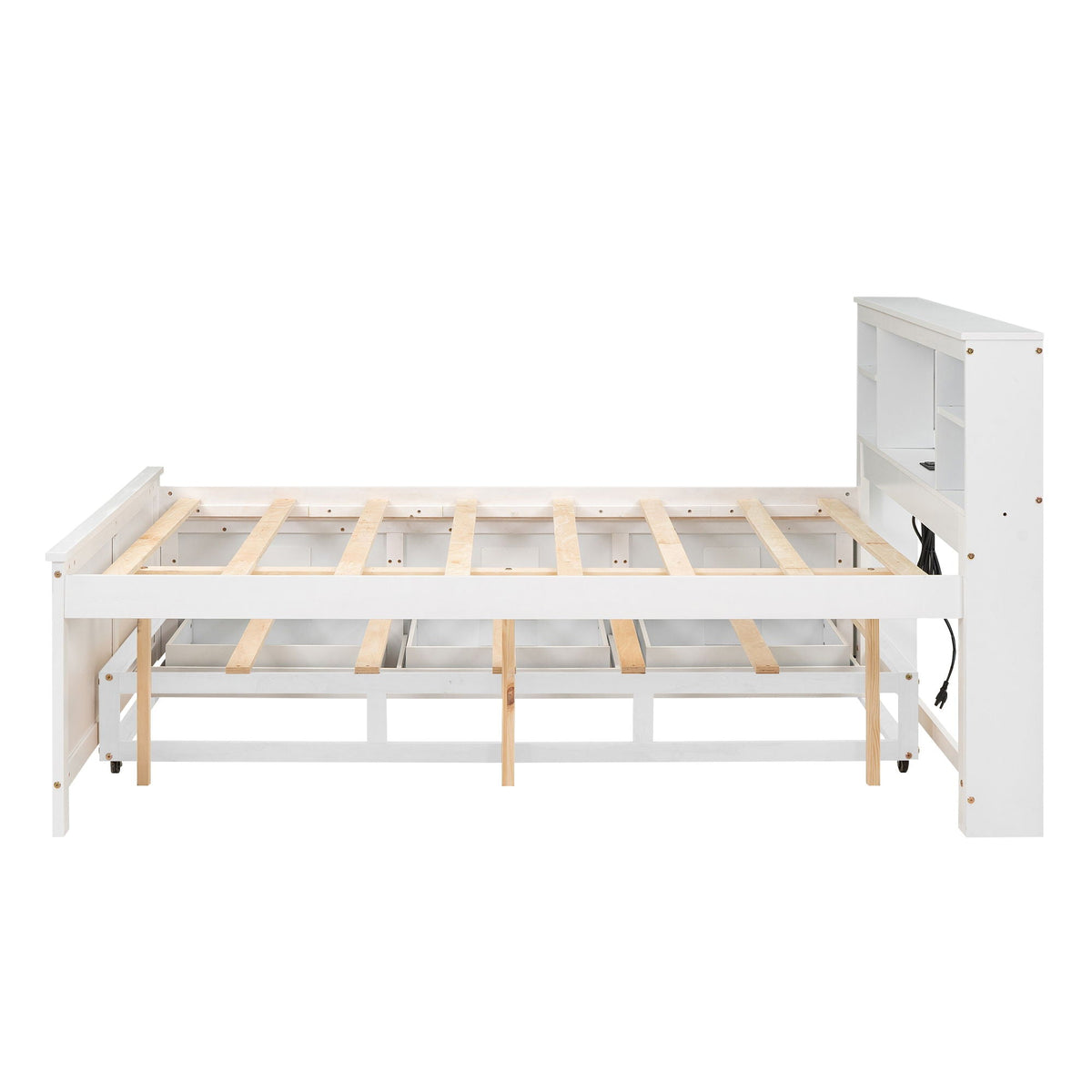 Platform bed with storage headboard in white, slatted base and nearby cabinet on Tampa Home & Garden Store