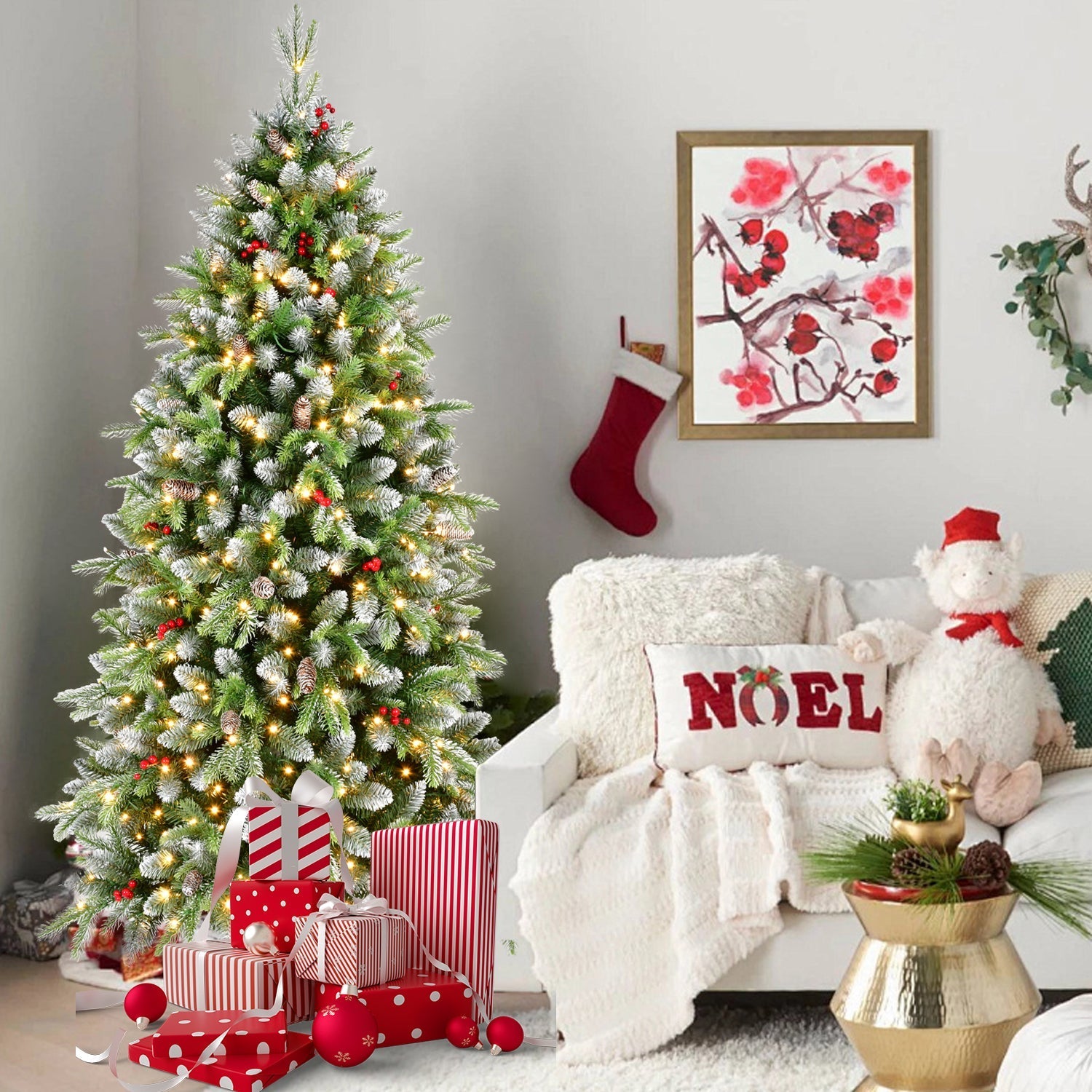 6ft pre-lit Christmas tree with 380 warm white LED lights, green frosted branches, HouseOfZazla on Tampa Home & Garden Store