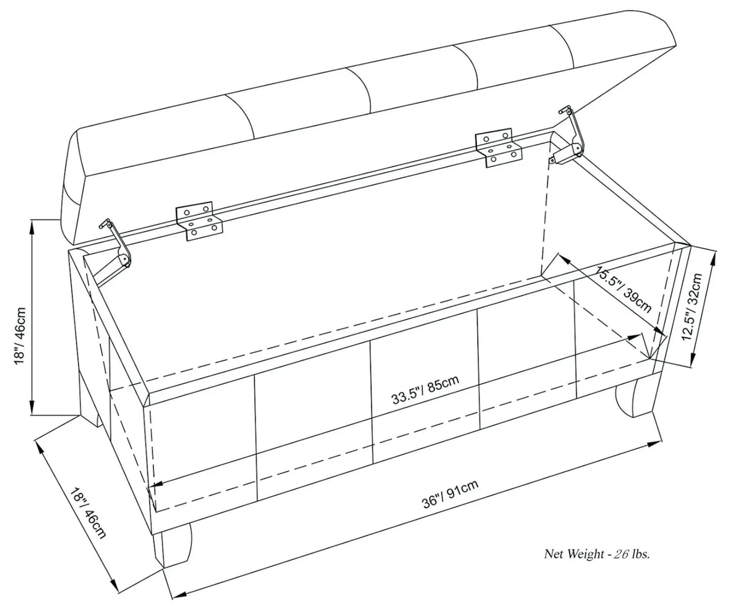 Dover Multifunctional Storage Ottoman Bench by Unique Piece Furniture, dimensioned schematic on Tampa Home & Garden Store