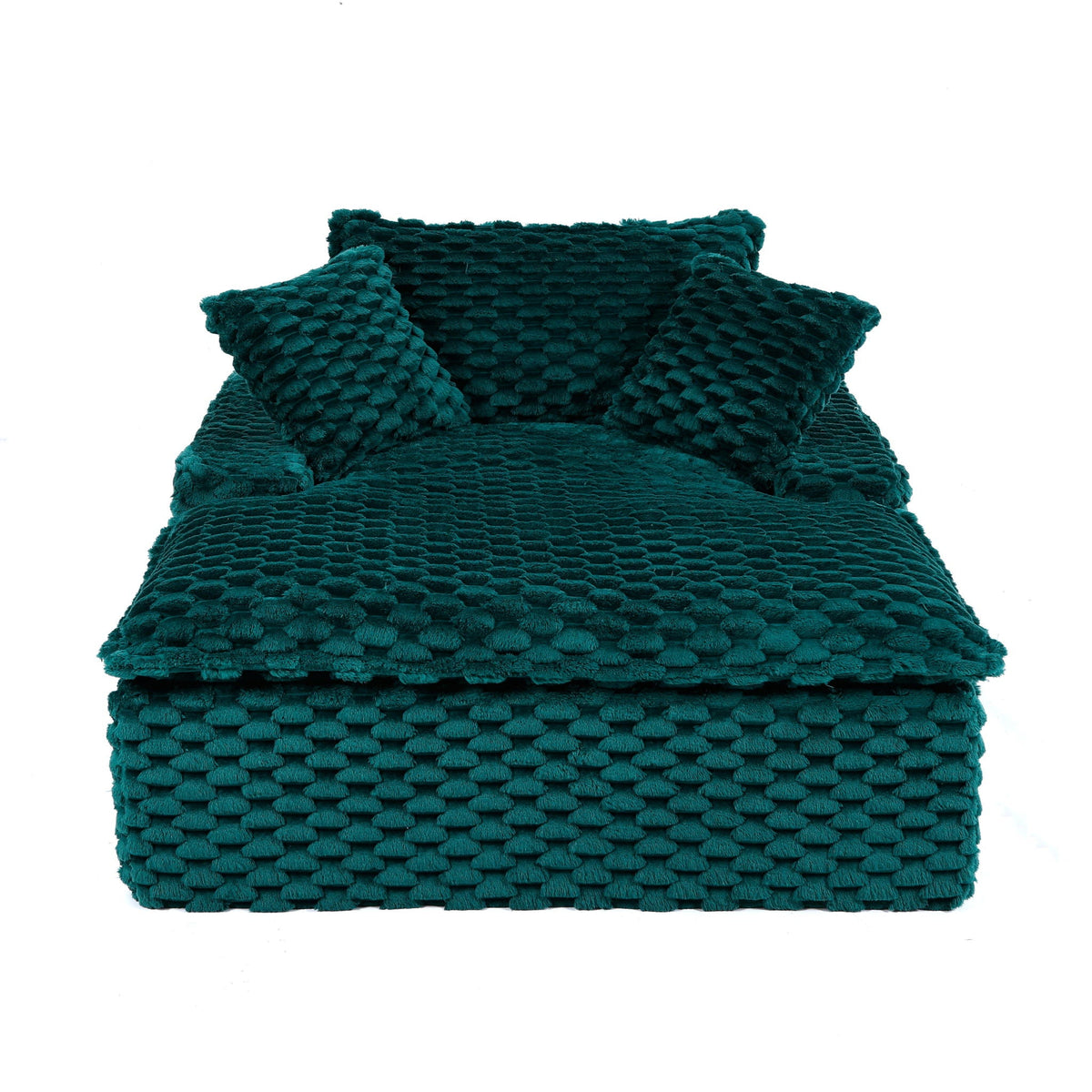 Comfort Bearing Sofa with 2 green textured boucle pillows and backrest on Tampa Home & Garden Store