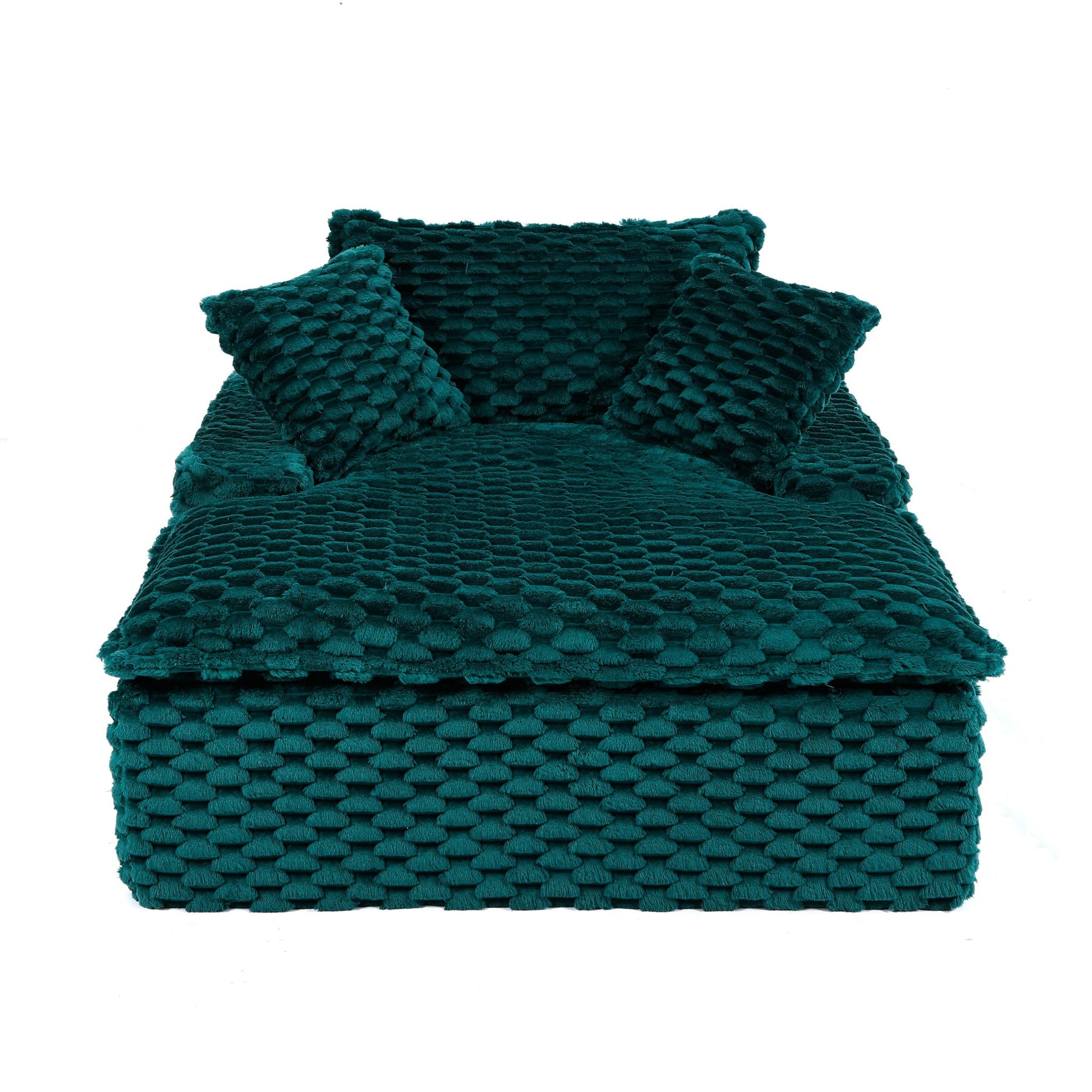 Comfort Bearing Sofa with 2 green textured boucle pillows and backrest on Tampa Home & Garden Store