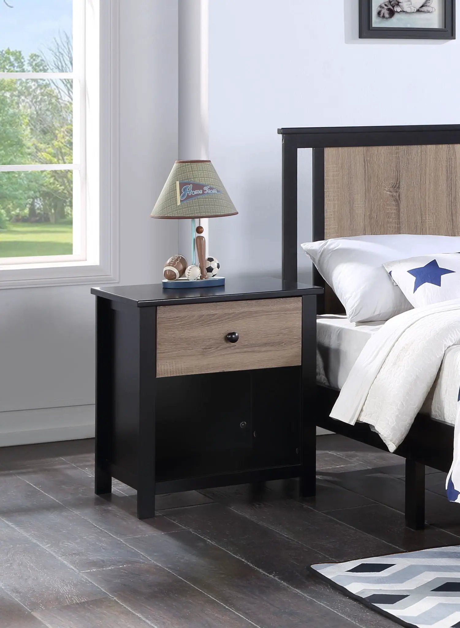 Connelly nightstand; black frame with wood drawer, single drawer, bedside accent on Tampa Home & Garden Store