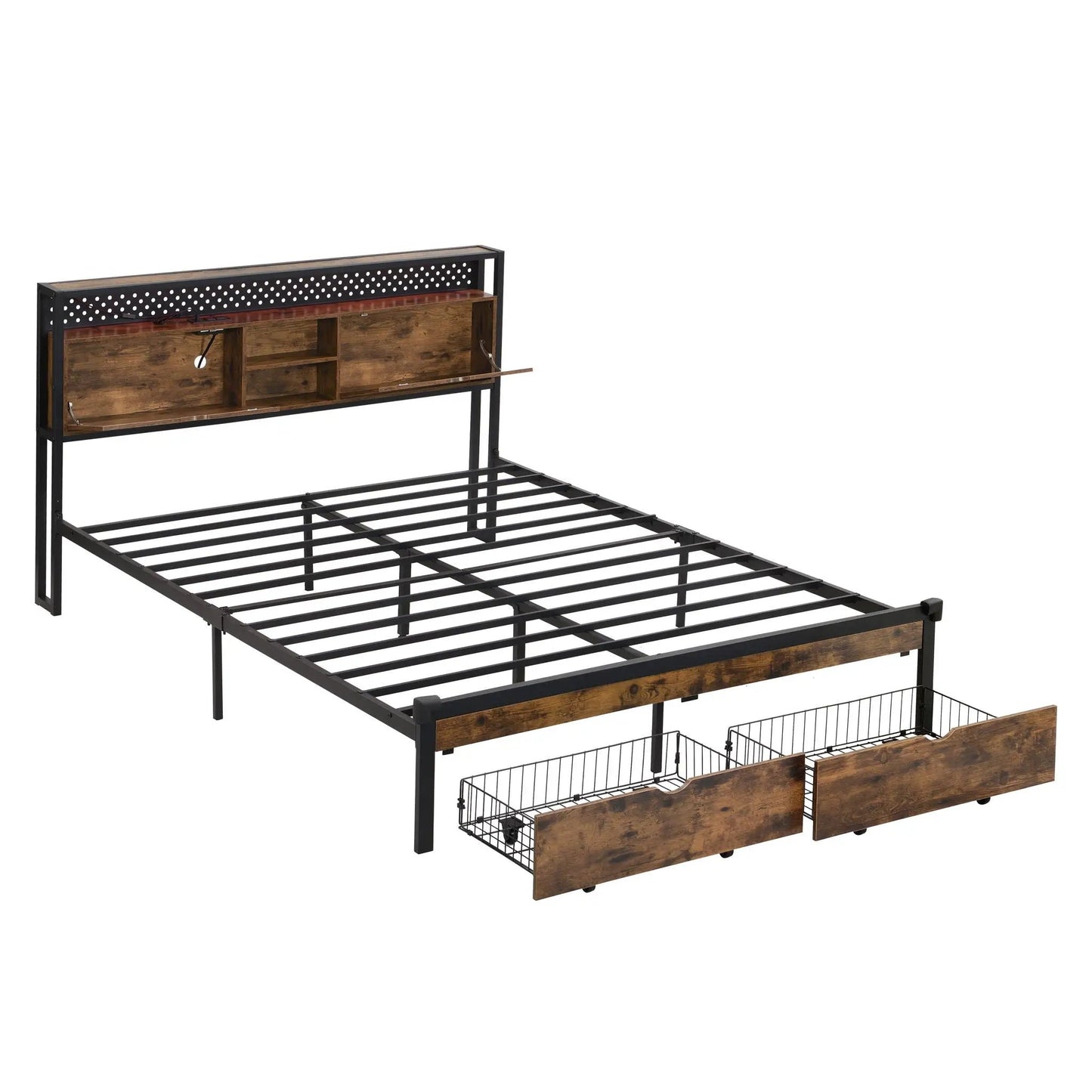 Modern metal platform bed frame with wooden headboard and storage drawers with USB charging on Tampa Home & Garden Store