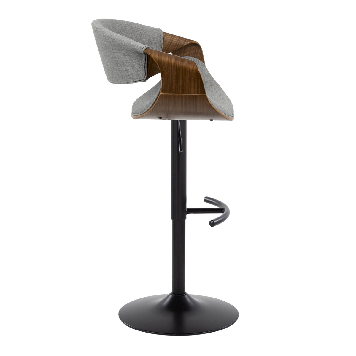Mid Century Modern adjustable barstool with swivel, wood shell and gray fabric cushions on Tampa Home & Garden Store