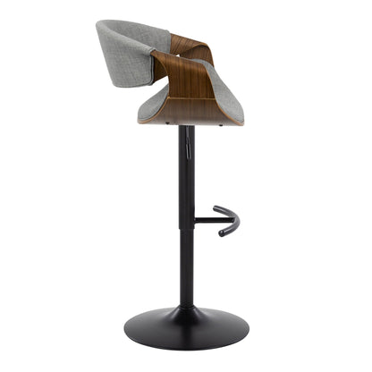 Mid Century Modern adjustable barstool with swivel, wood shell and gray fabric cushions on Tampa Home & Garden Store