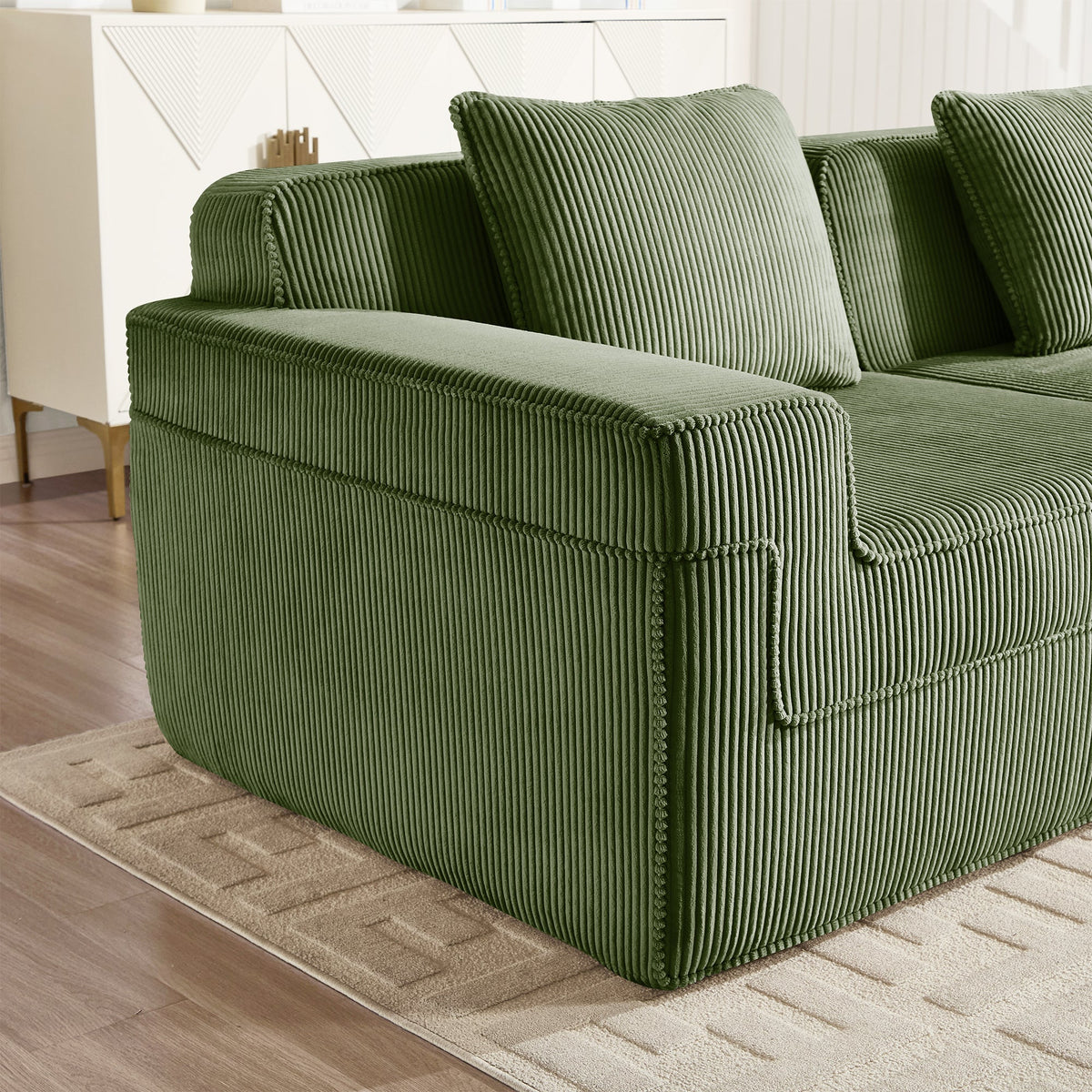 Modular Green Corduroy Armless Sofa and Pillow