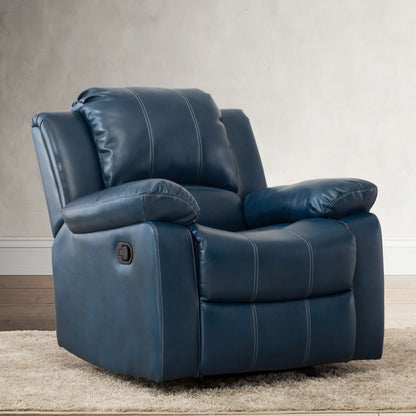 Charlotte blue leather glider recliner with contrast stitching and padded arms on display on Tampa Home & Garden Store