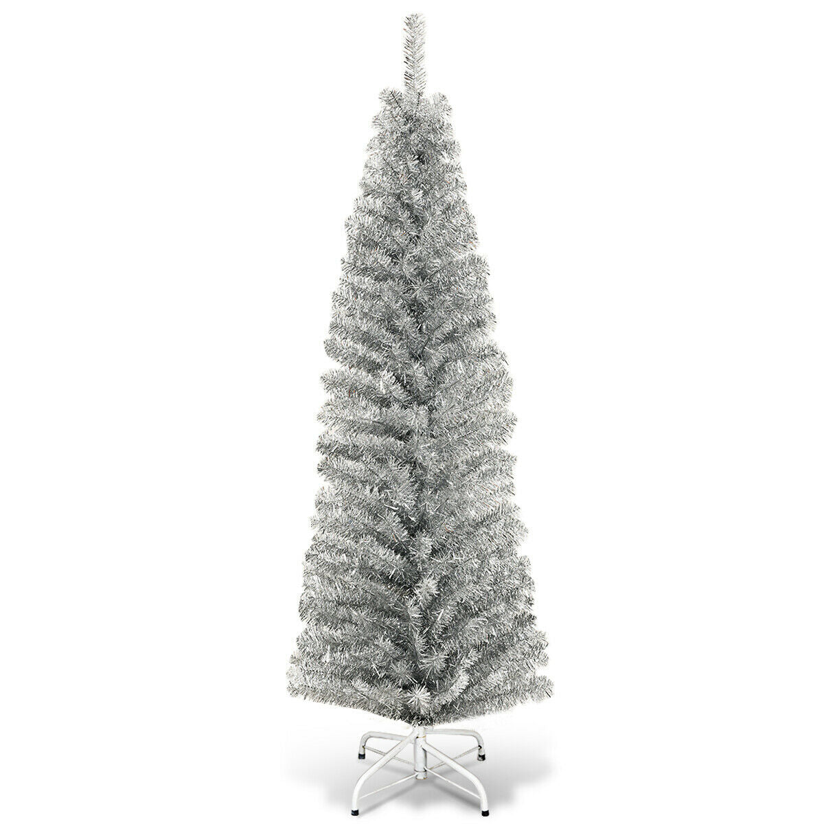6ft silver tinsel pencil tree DirectDeals, unlit, slim artificial on white stand on Tampa Home & Garden Store