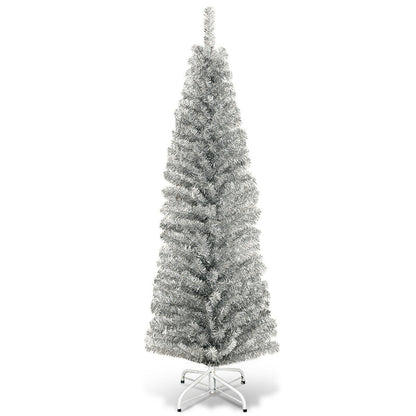 6ft silver tinsel pencil tree DirectDeals, unlit, slim artificial on white stand on Tampa Home & Garden Store