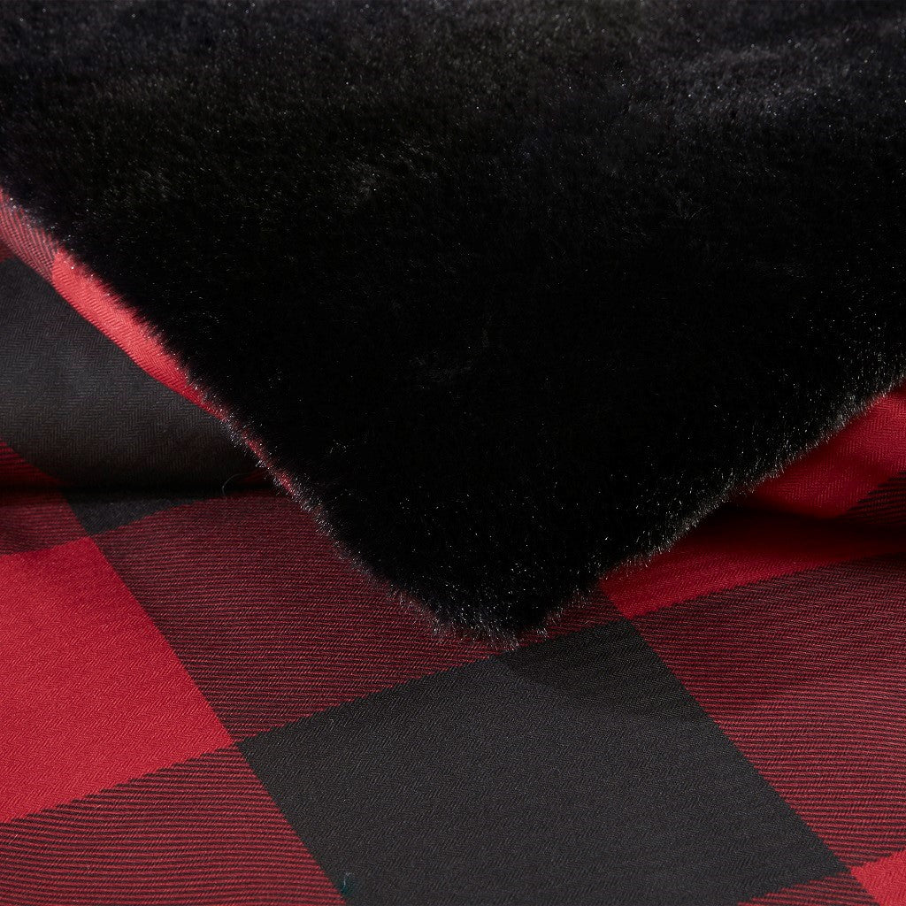 King/Cal King faux wool to faux fur down alt comforter set in red black plaid with fur on Tampa Home & Garden Store