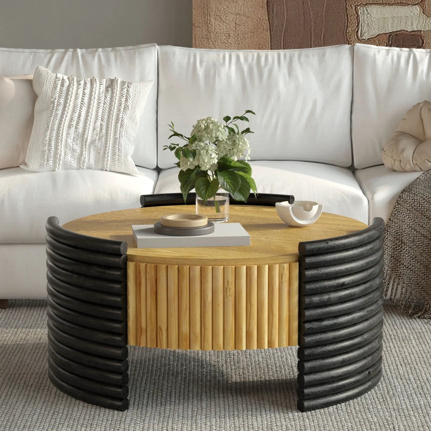 Modern Striped Coffee Table With Flip Top Storage