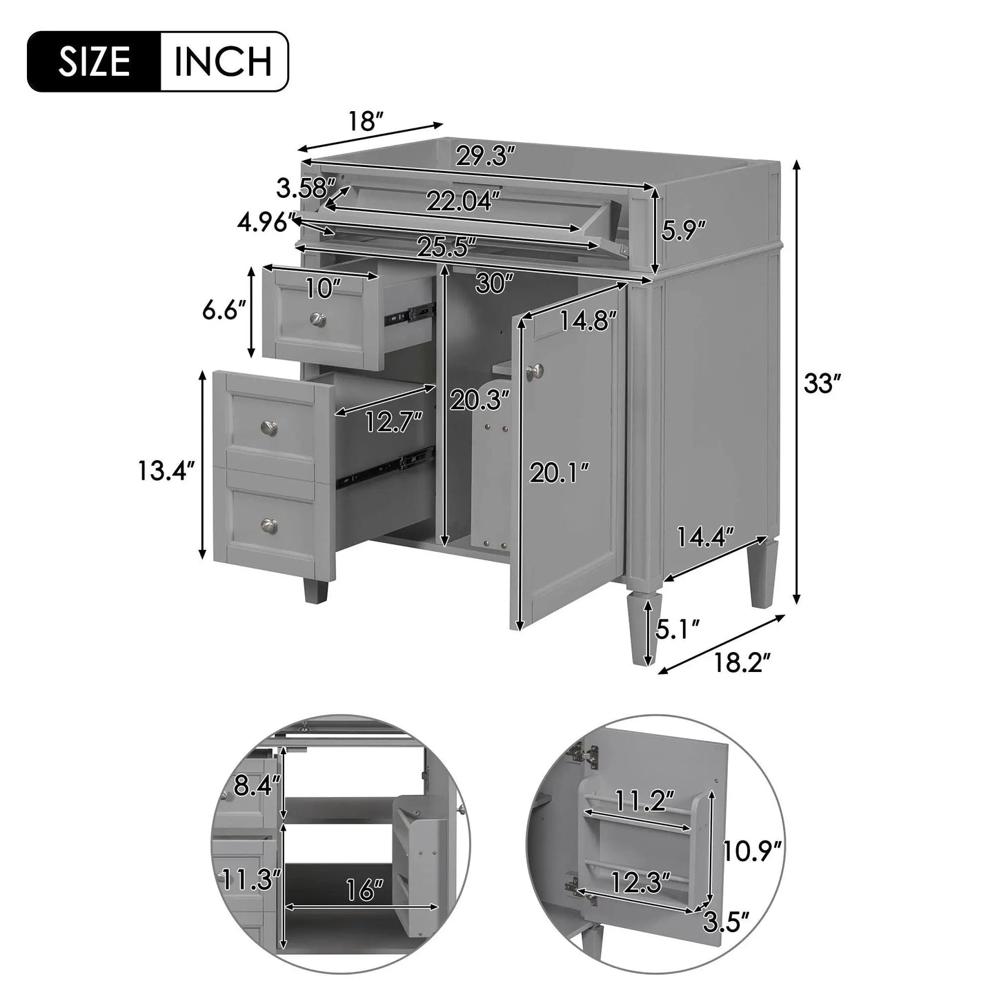 Bathroom Vanity With 2 Drawers And Tip-Out Drawer, Storage Cabinet gray finish Unique Piece Furniture vanity base on Tampa Home & Garden Store