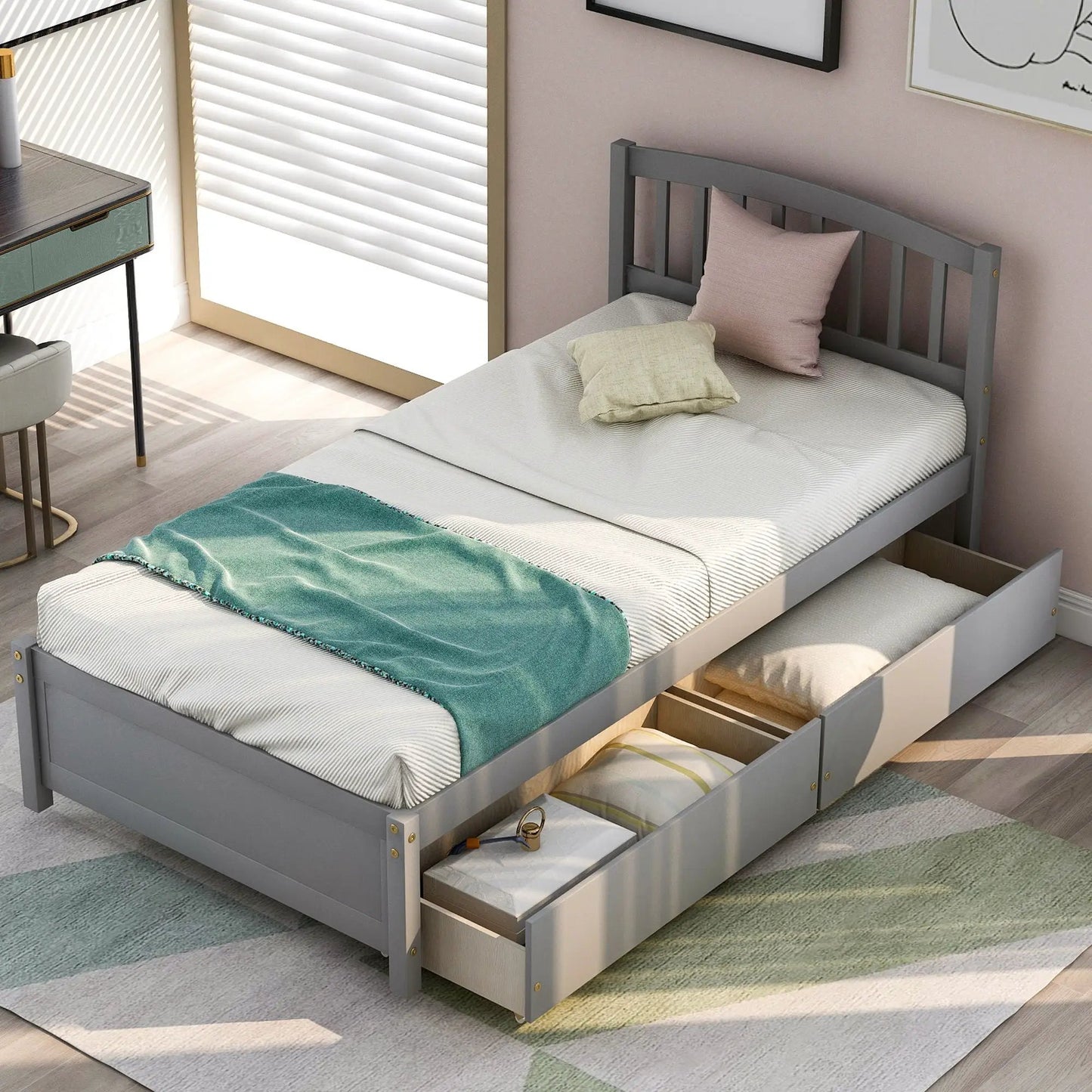 Wood Platform Storage Bed With Two Drawers
