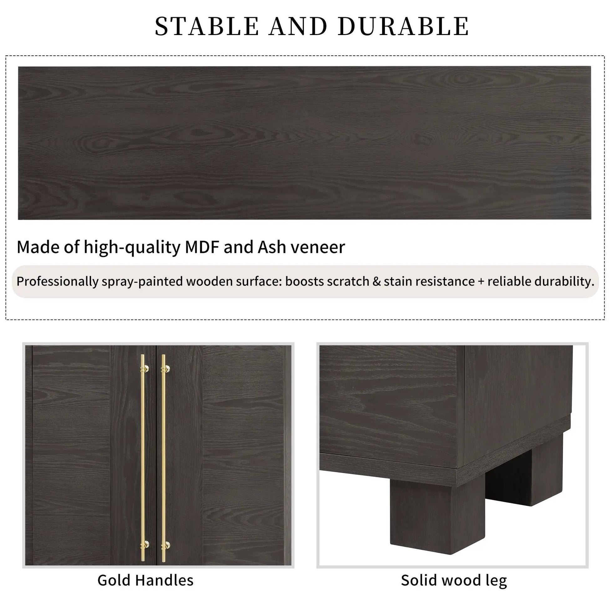 Sideboard with adjustable shelves in dark ash veneer with gold-tone handles and solid wood legs on Tampa Home & Garden Store