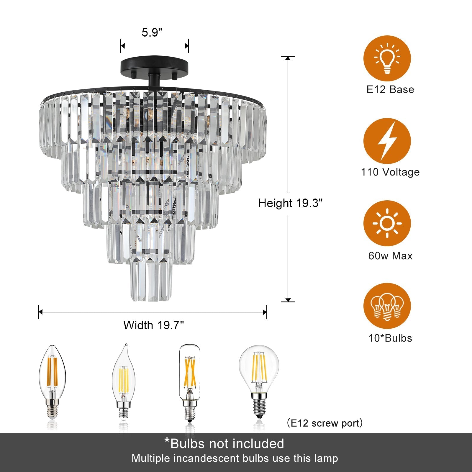 HouseOfZazla 20' black crystal chandelier ceiling light, modern 10-light flush mount with prisms on Tampa Home & Garden Store