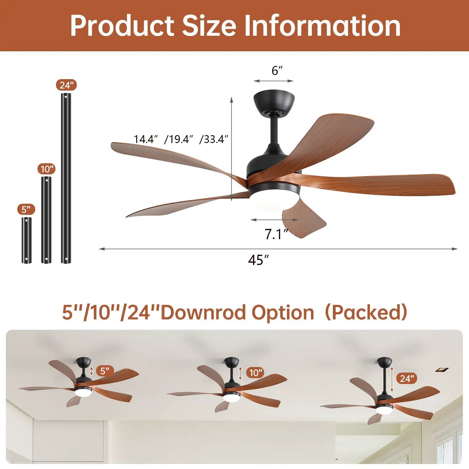 Ceiling fan with DC motor and integrated light, wood blades, black housing, 45in span on Tampa Home & Garden Store