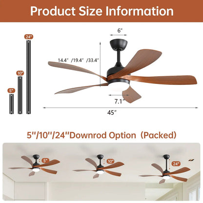 Ceiling fan with DC motor and integrated light, wood blades, black housing, 45in span on Tampa Home & Garden Store