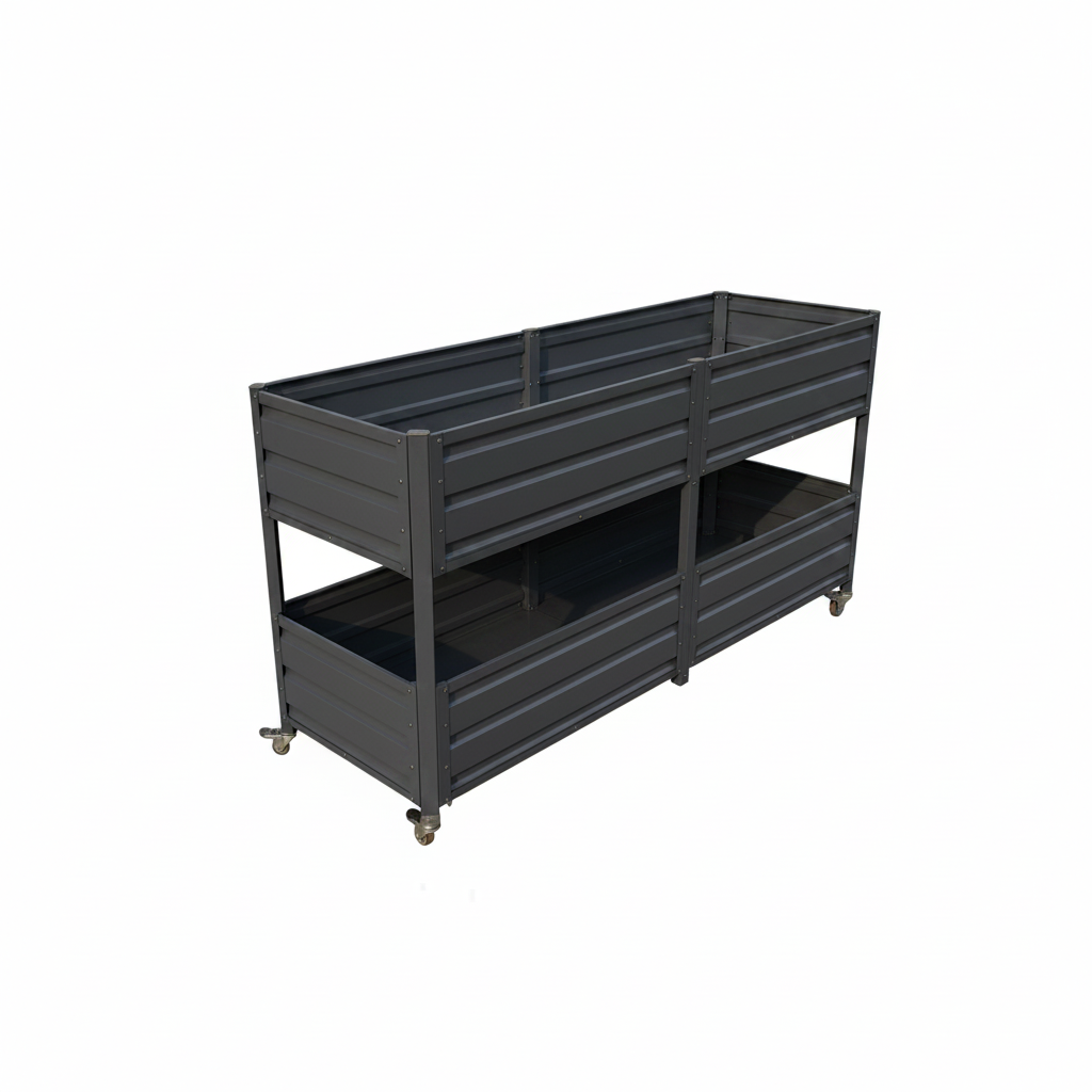 HouseOfZazla dual tier metal raised garden bed with lockable wheels, grey finish on Tampa Home & Garden Store