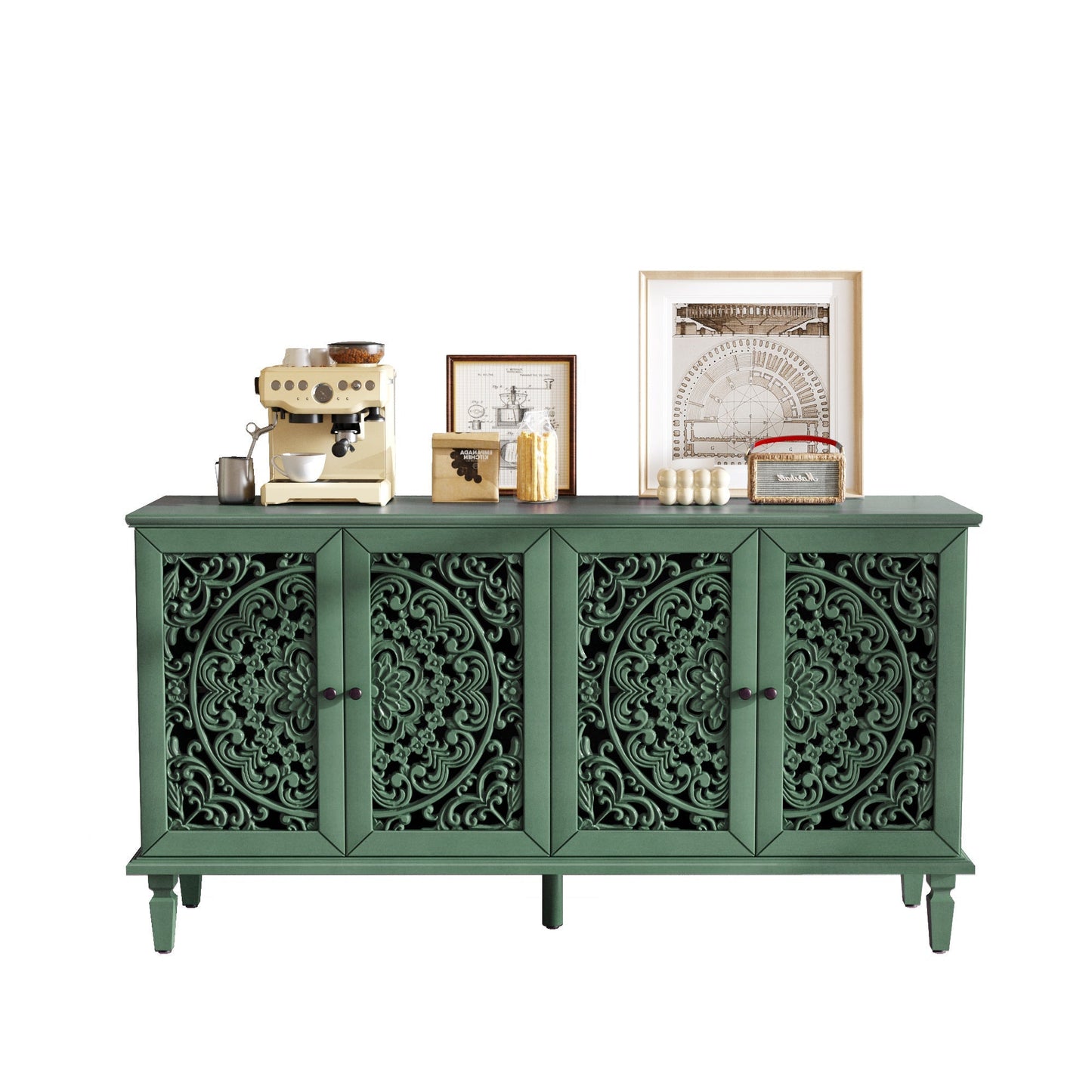 60' Antique Buffet Cabinet with Floral Carvings, green finish and ornate lattice panels on Tampa Home & Garden Store