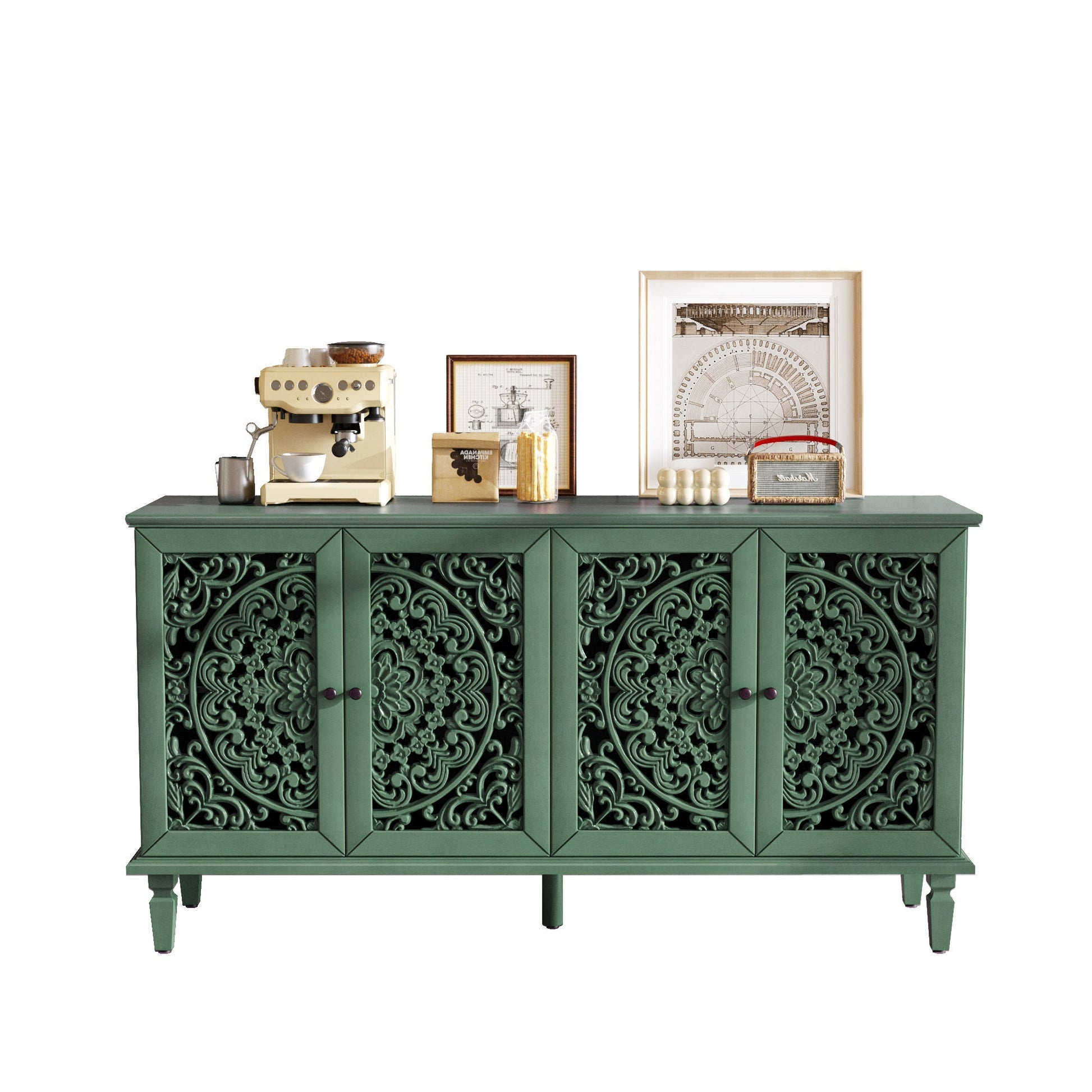 60' Antique Buffet Cabinet with Floral Carvings, green finish and ornate lattice panels on Tampa Home & Garden Store