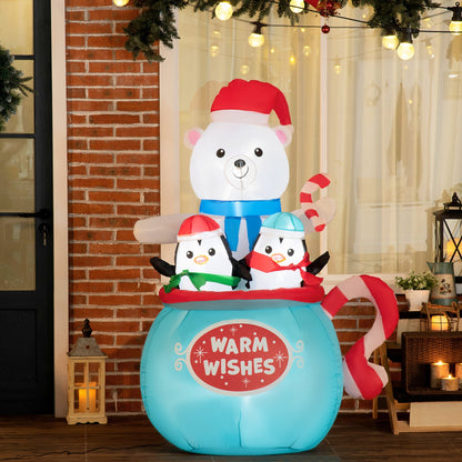 Outsunny 5ft Christmas inflatable polar bear in blue cup with two penguins candycanes warm wishes on Tampa Home & Garden Store