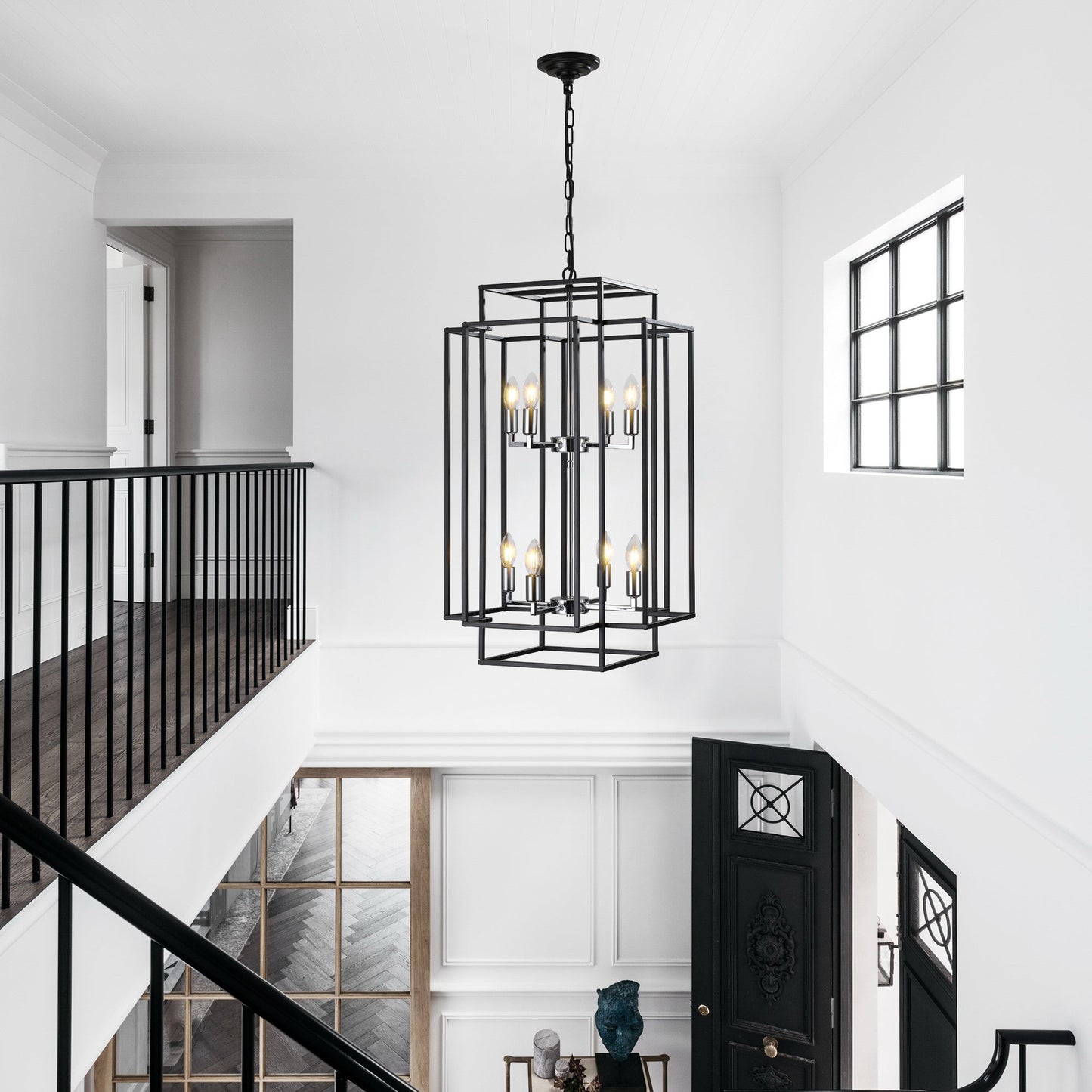 18' modern 8-light black and chrome geometric pendant chandelier with cube cage by HouseOfZazla on Tampa Home & Garden Store