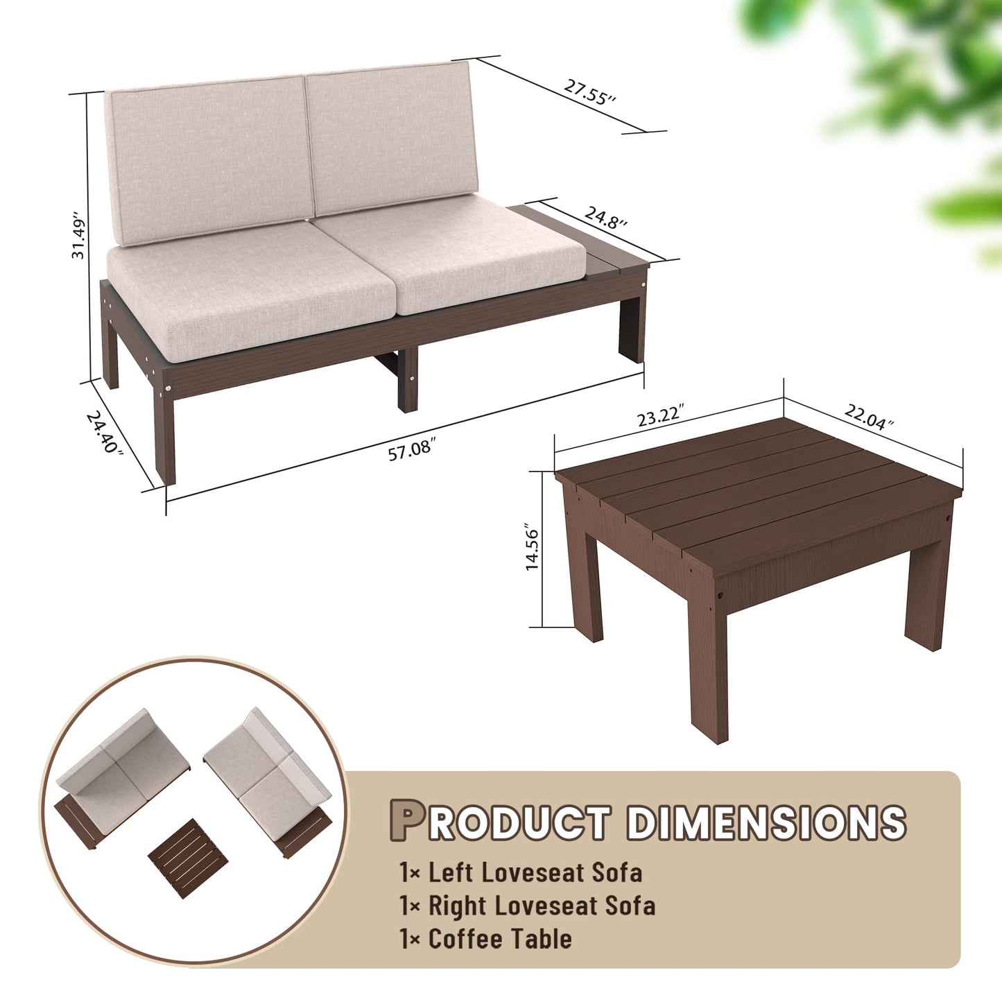 HDPE patio sofa set 3-piece with beige cushions and brown frame, includes two loveseats on Tampa Home & Garden Store