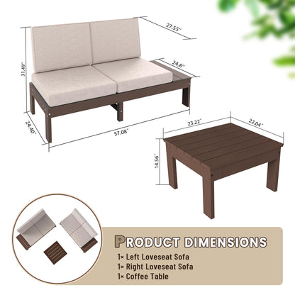HDPE patio sofa set 3-piece with beige cushions and brown frame, includes two loveseats on Tampa Home & Garden Store