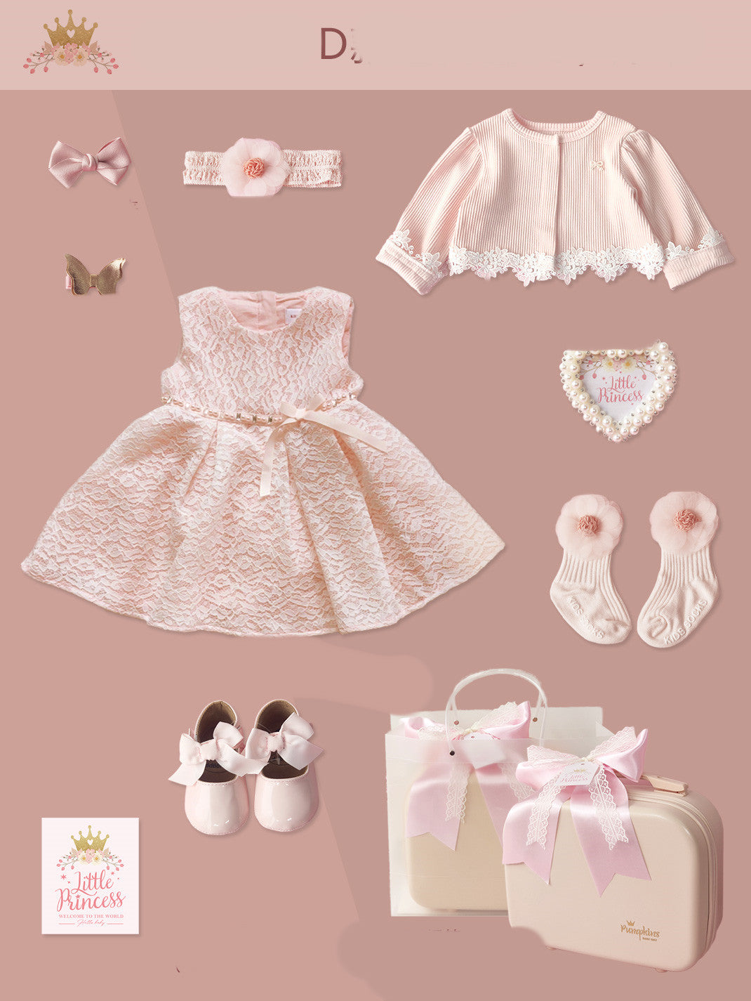 Baby princess lace dress set with pink cardigan, headband, socks, shoes and gift box on Tampa Home & Garden Store