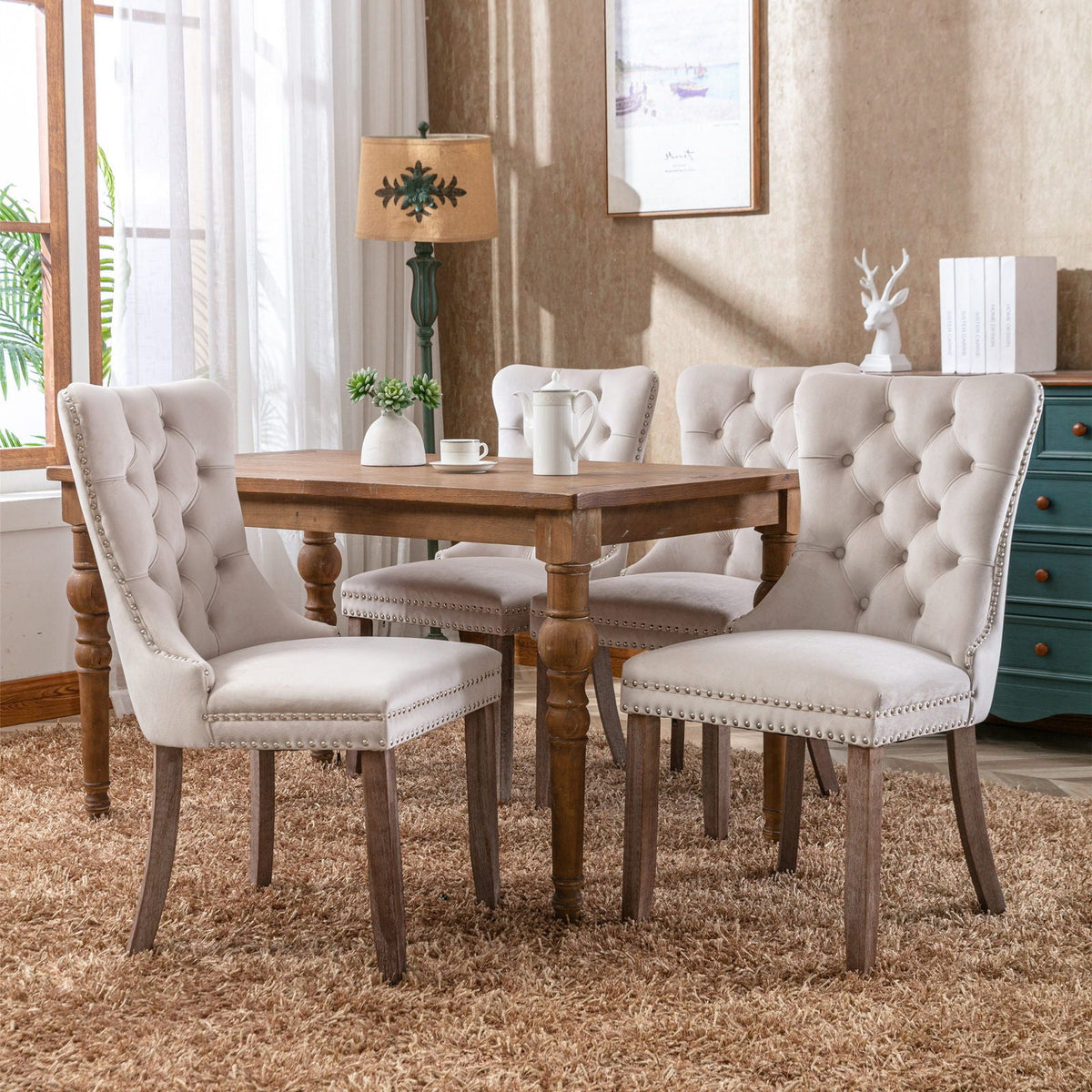 Tufted dining chairs in beige velvet with nailhead trim, six-seat set by HouseOfZazla on Tampa Home & Garden Store