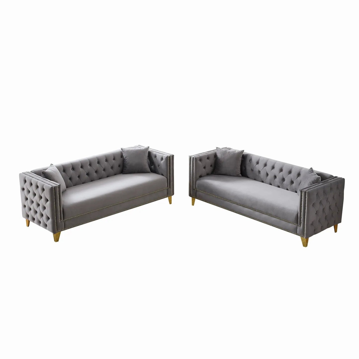 Pair of deep-seat sofas with button nailhead, square arms, gray tufted upholstery on Tampa Home & Garden Store