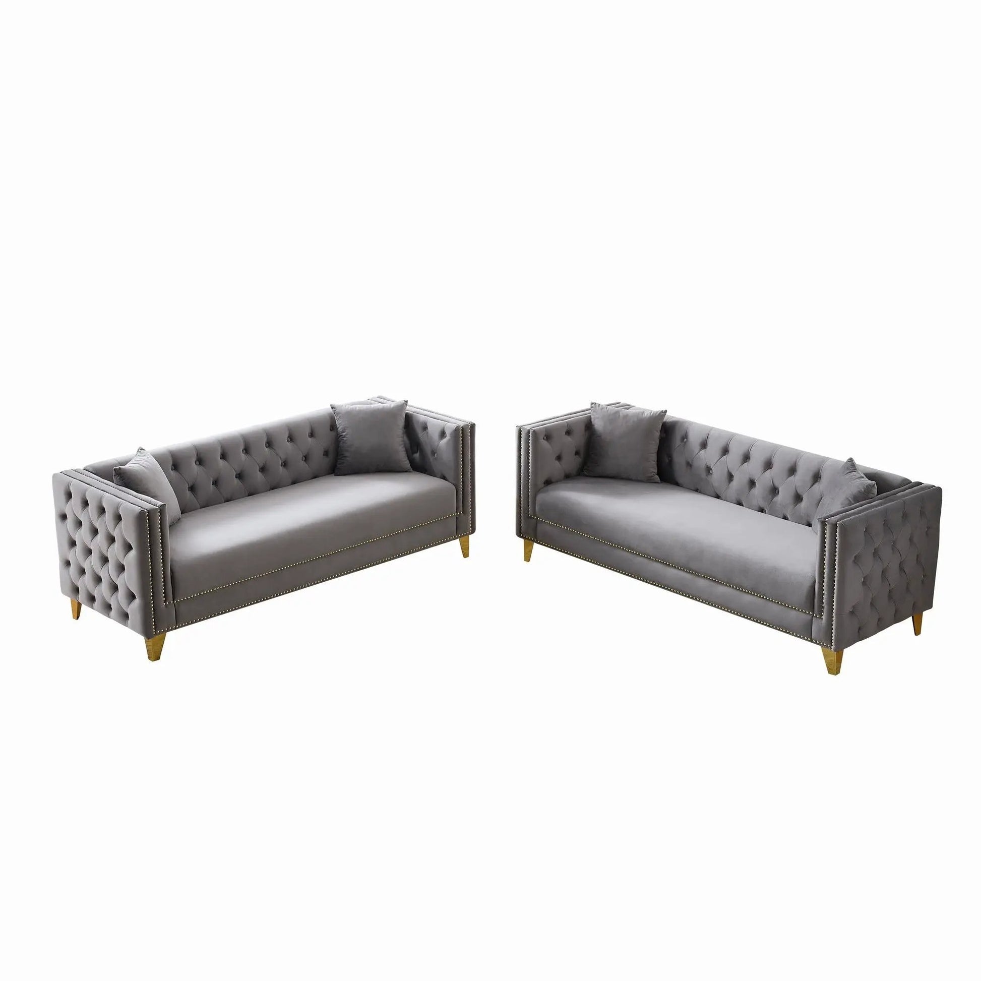 Pair of deep-seat sofas with button nailhead, square arms, gray tufted upholstery on Tampa Home & Garden Store