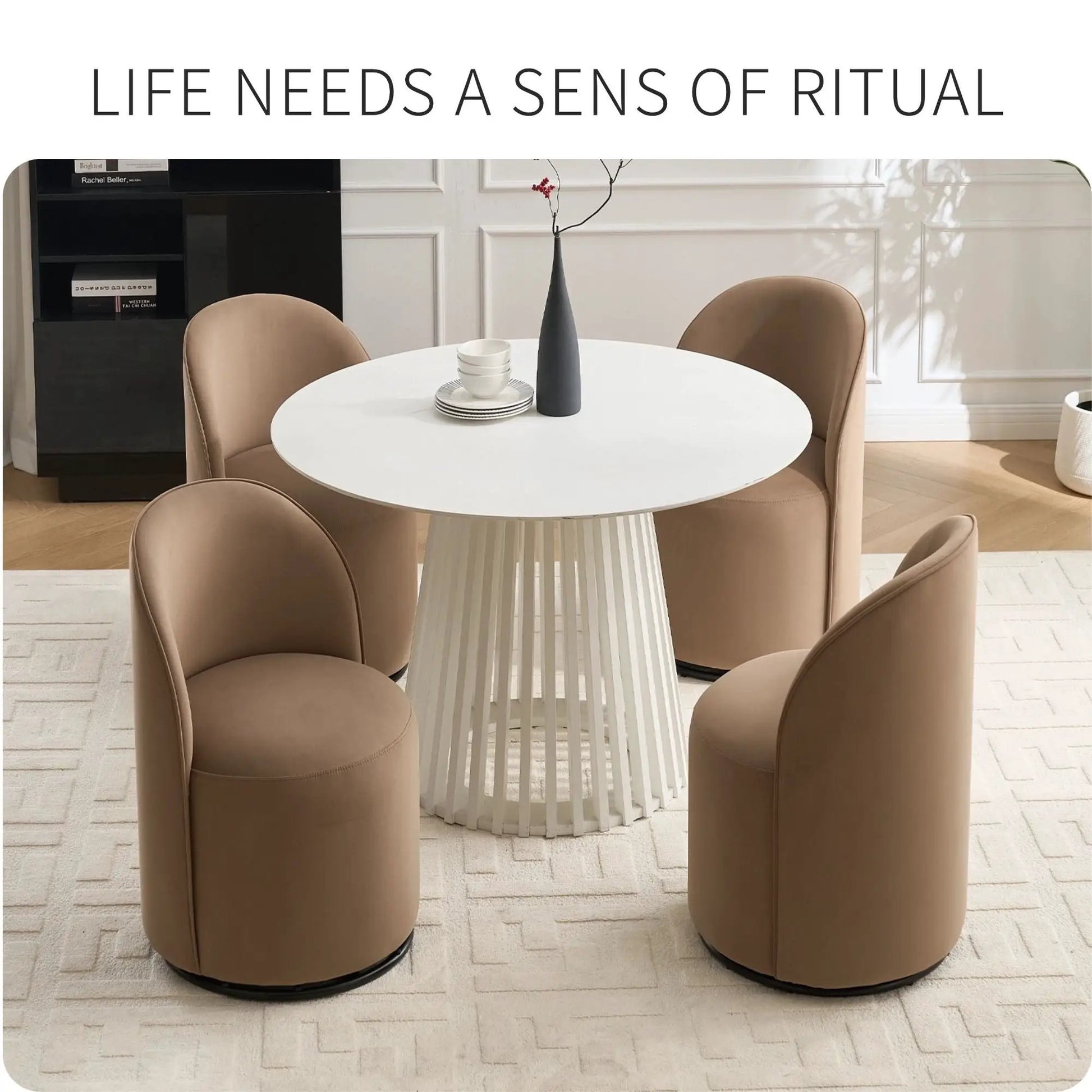360 Degree Swivel Armless Dining Barrel Chair beige upholstery around white table set of 4 on Tampa Home & Garden Store