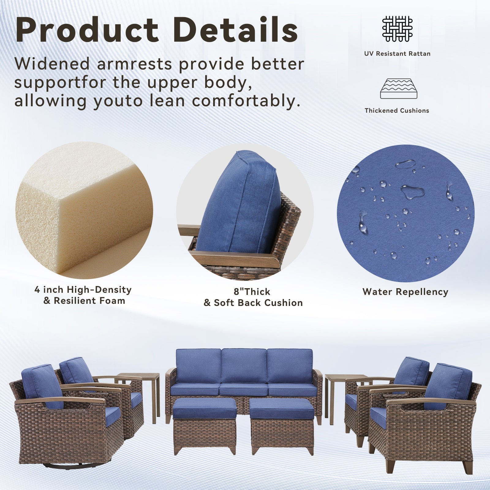 73.6-inch wicker patio sofa with blue cushions by HouseOfZazla in a patio seating set on Tampa Home & Garden Store
