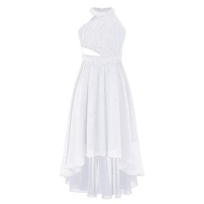 New Spring And Summer Lace Mesh Dress white halter neckline cutout waist high-low chiffon skirt on Tampa Home & Garden Store