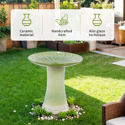 Handmade glazed ceramic bird bath with daisy-petal embossed tray in pale green on Tampa Home & Garden Store