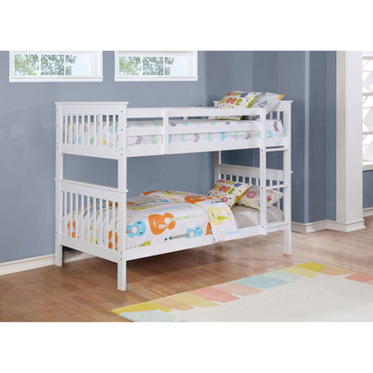 Madison Twin Over Twin bunk bed in white with slatted design, two stacked beds in a blue room on Tampa Home & Garden Store