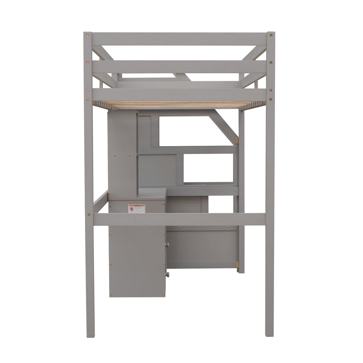 Loft bed frame with desk and storage drawers, gray finish and exposed slat base on Tampa Home & Garden Store
