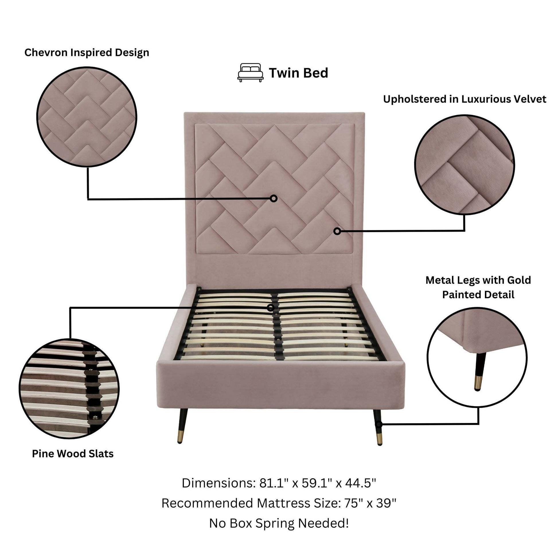 Crosby upholstered bed with chevron quilted blush velvet headboard by HouseOfZazla, slats included on Tampa Home & Garden Store